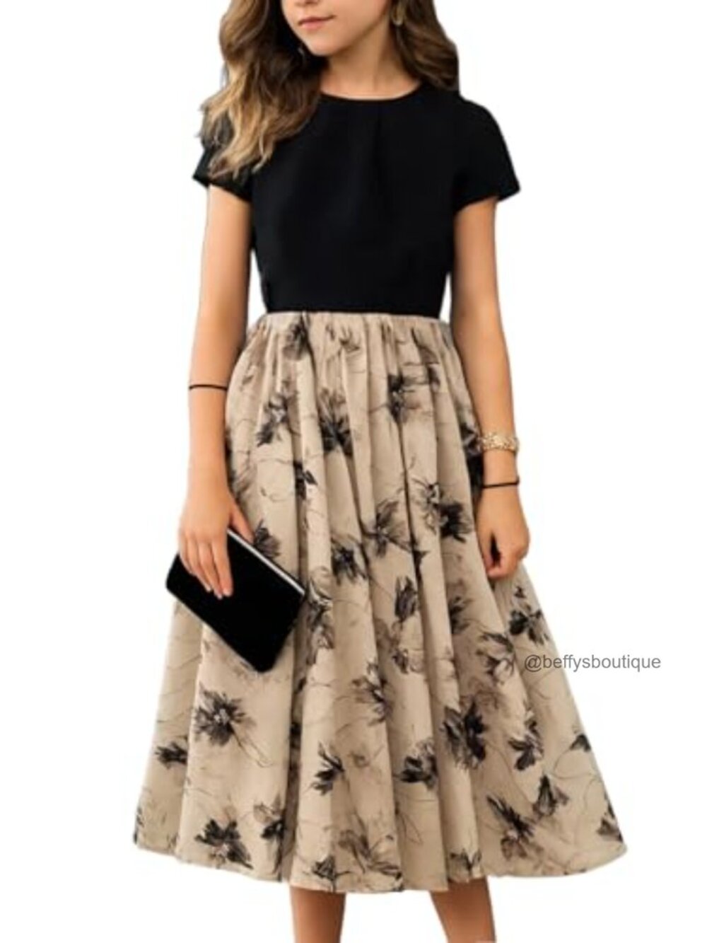 Girls Special Occasion Dress A-Line Floral Midi Short Sleeve 95% Polyester 5%